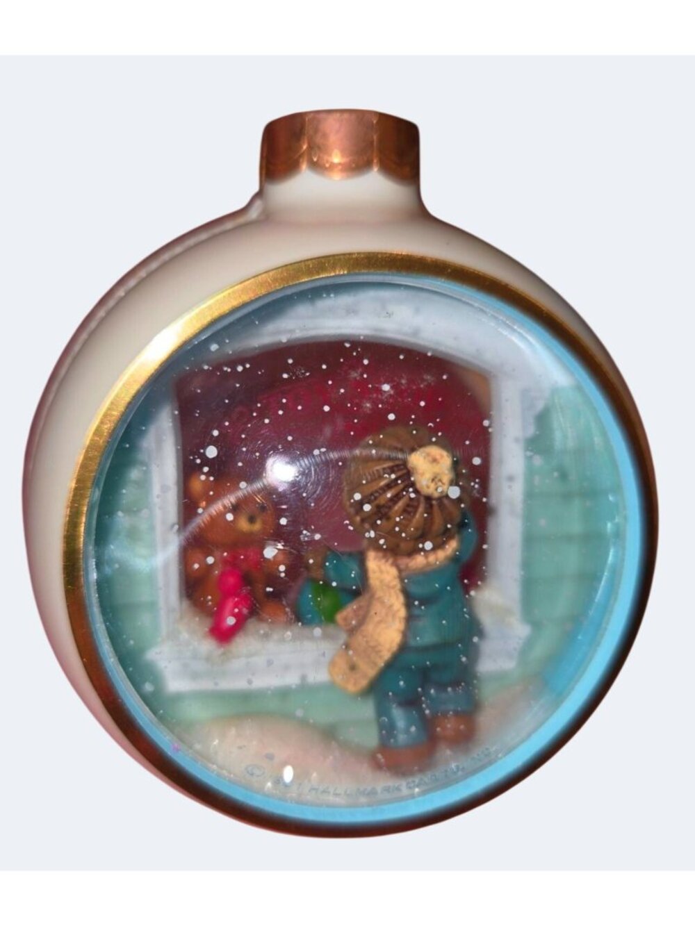 Hallmark Keepsake Ornament 1984 Window Shopping Girl Holiday Scene Gold Trim